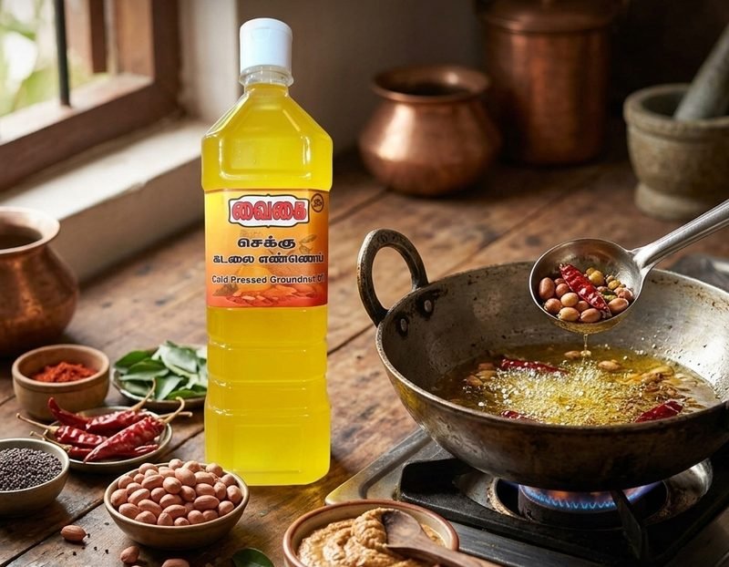 Bottle of Vaigai chekku groundnut oil beside a kadai of tempering