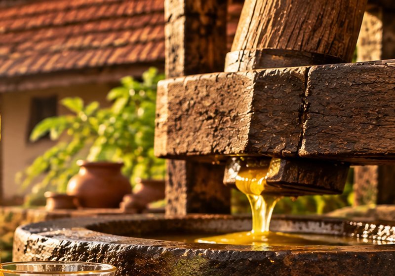Oil flowing from a wooden chekku press