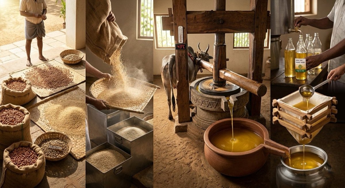 Sun drying seed, cleaning, pressing in the wooden chekku and cloth filtering the oil
