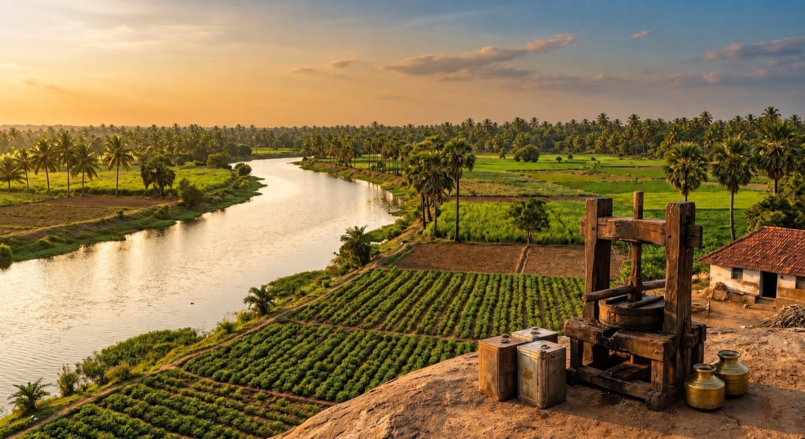 The Vaigai river, farmland and a wooden chekku with Madurai's temple towers behind