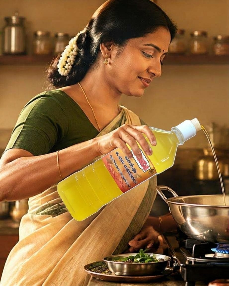 Pouring Vaigai chekku groundnut oil into a kadai at home